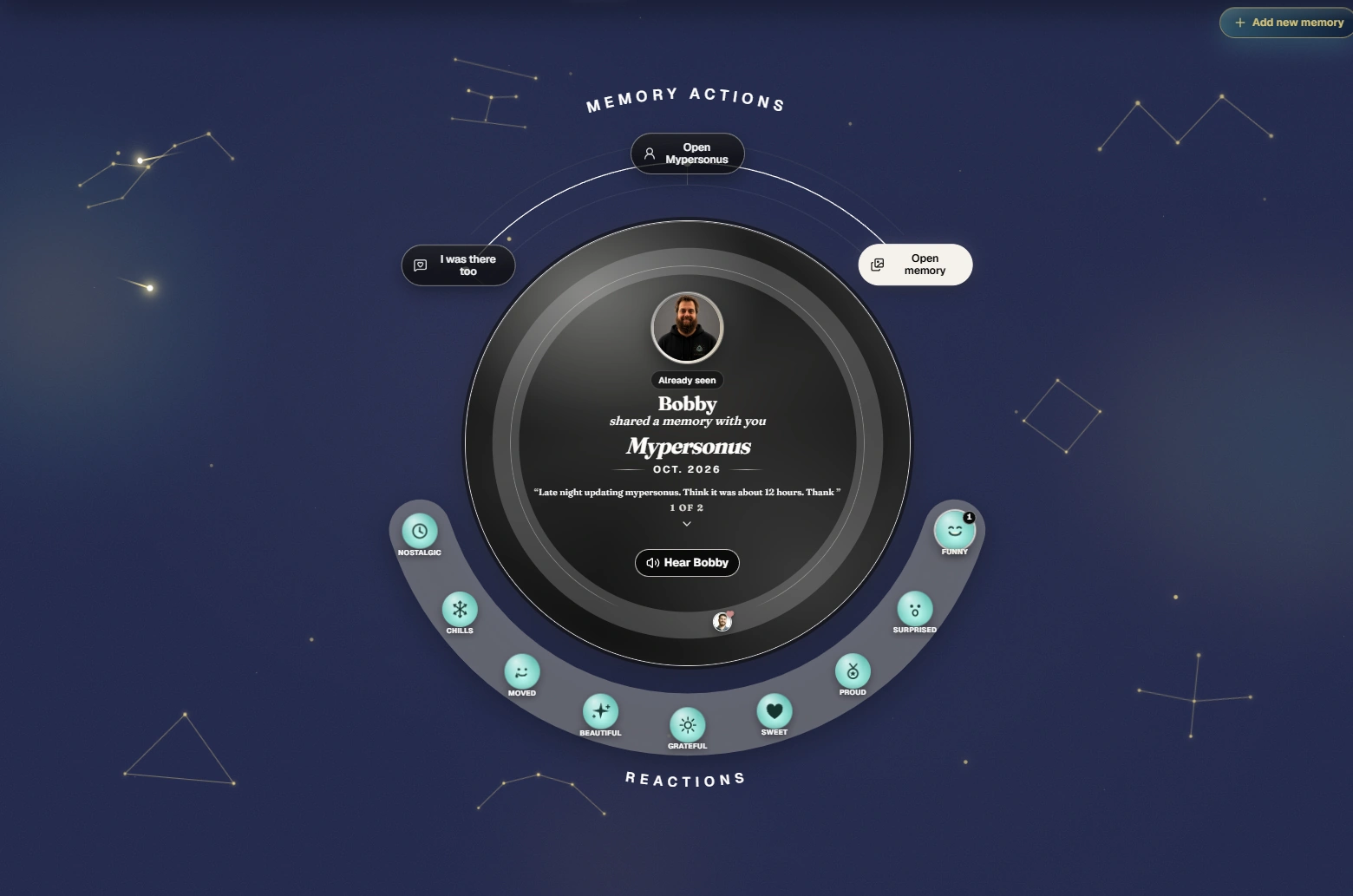 The Mypersonus feed. Bobby shared a memory. The screen shows Hear Bobby, Open memory, and the reaction ring.