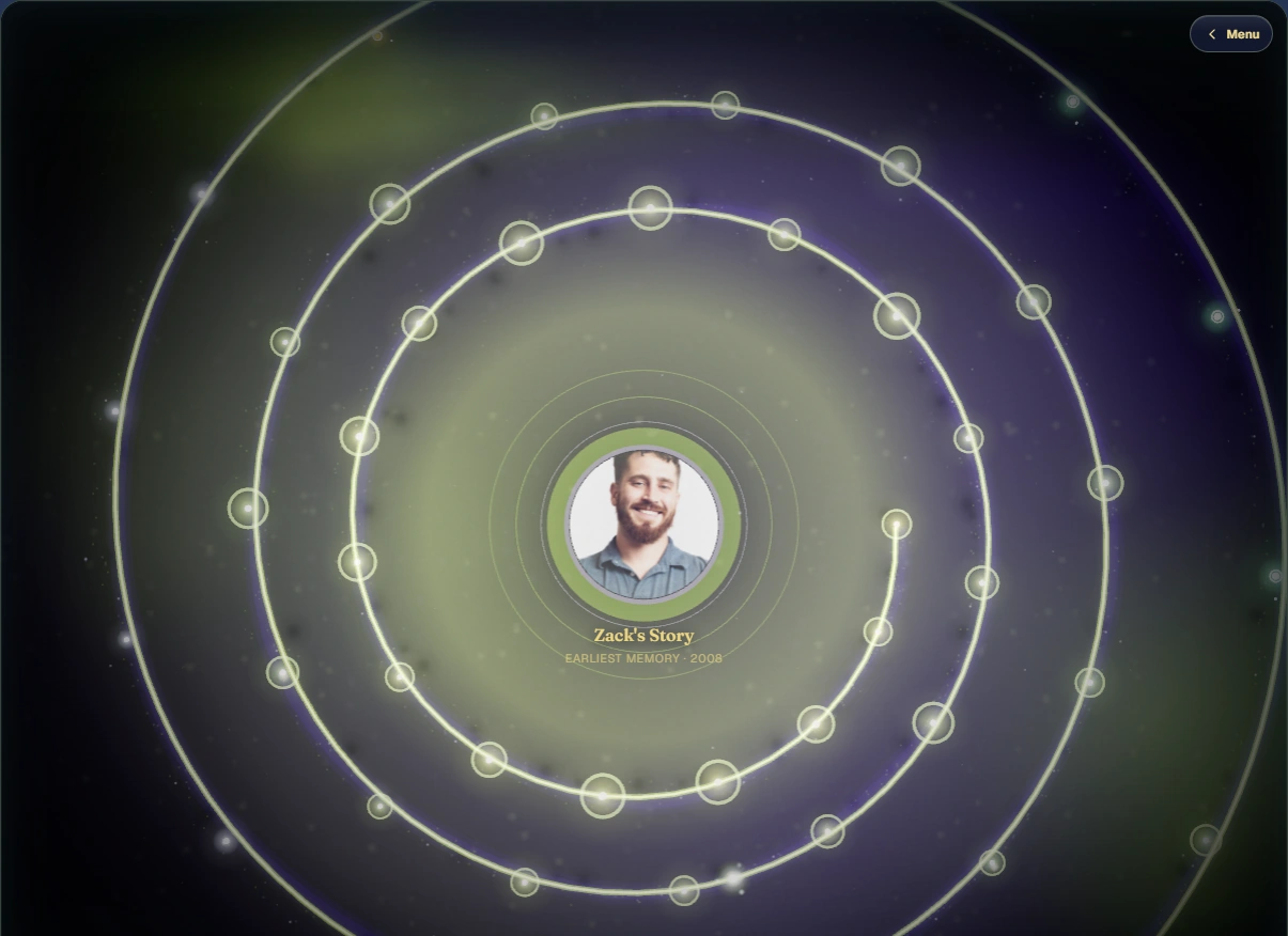 Memory Galaxy. Zack's portrait is in the center, labeled Zack's Story, earliest memory 2008, with memory stars on the rings.