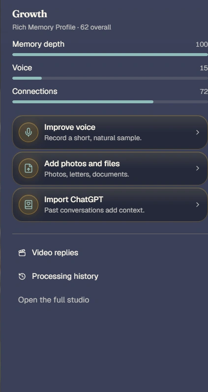 The Improve panel. Memory depth 100, voice 15, connections 72, with buttons to improve voice, add photos and files, and import ChatGPT.
